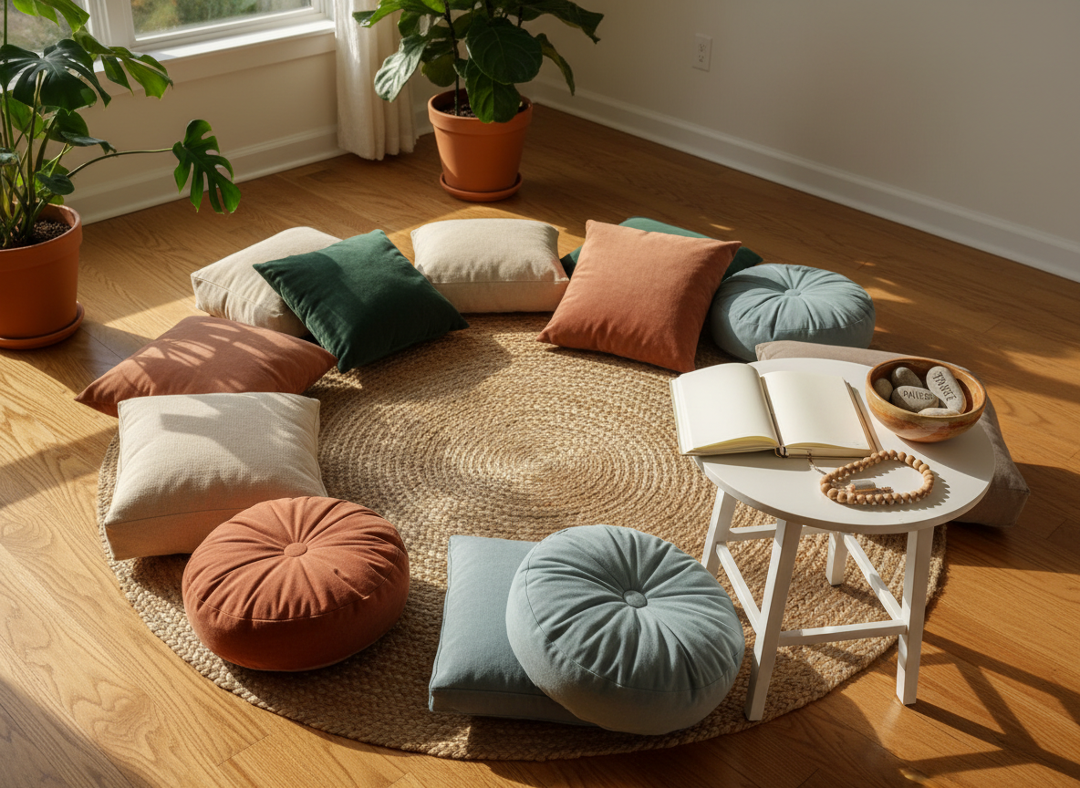 A cozy living-room-style space designed for multi-generational mindfulness, yet intentionally devoid of people, featuring a low circular jute rug centered on a warm oak floor, surrounded by a variety of cushions in muted earth tones. A small, round white side table holds an open, blank notebook, a wooden mala bead strand coiled neatly, and a small ceramic bowl filled with polished stones engraved with words like “pause” and “breathe.” Large leafy plants in simple terracotta pots frame the scene. Late-afternoon golden light streams in from the left, creating soft highlights on fabric textures and gentle shadows on the rug. Photographic realism, shot at a slightly elevated three-quarter angle, conveying a peaceful, family-friendly calm.